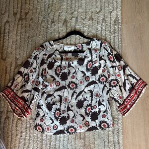 Maje Black and Red Cut-Out Crop Blouse 3/4 Sleeve